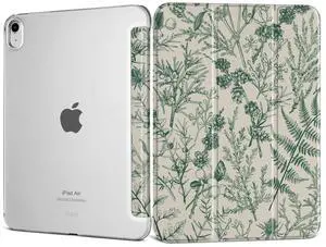 DONGKE for iPad Air 11-inch M3 2025 M2 2024, iPad Air 5th 2022 / 4th Generation 2020 10.9-inch, Slim Foldable Stand Hard PC Translucent Back Shell Smart Cover - [Auto Wake/Sleep] - Plants & Berries