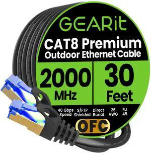 GEARit Cat8 Outdoor Ethernet Cable (30 Feet) Waterproof, Direct Burial, In-Ground, LLDPE UV Jacket, Pure Copper, 26AWG, 40Gbps 2000Mhz SFTP Patch Cord, POE, Network, Internet, Cat 8 Cable - 30ft GEARit Cat8 Outdoor Ethernet Cable (30 Feet) Waterproof, Direct Burial, In-Ground, LLDPE UV Jacket, Pure Copper, 26AWG, 40Gbps 2000Mhz SFTP Patch Cord, POE, Network, Internet, Cat 8 Cable - 30ft