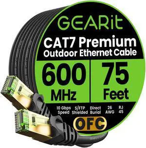 GEARit Cat7 Outdoor Ethernet Cable (75ft) SFTP Shielded Foil Twisted Pair, Pure Copper, LLDPE, Waterproof, Direct Burial, In-Ground, UV Resistant, POE, Network, LAN, Internet, Cat 7-75 Feet