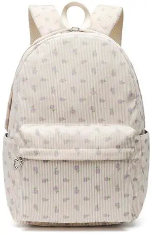 MININAI Kawaii Corduroy Backpack for Women Cute Floral Print Aesthetic Travel Book Bag Coquette Preppy College Laptop Daypack (Purple Flower)