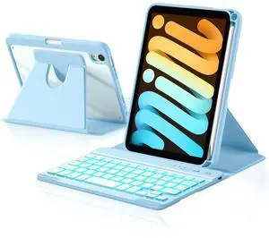 Harvopu for iPad mini 7 A17 Pro/6 Generation Keyboard Case 2024/2021 8.3 Inch,360° Rotating Clear Back Cover with 7 Color Backlit Detachable Keyboard, Pencil Holder for iPad mini 7th/6th Gen,SkyBlue
