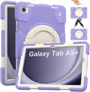 Andnary Case for Samsung Galaxy Tab A9+, Heavy Duty Shockproof Cover with Pencil Holder/360° Rotating Handheld Stand/Shoulder Strap, Sturdy A9 Plus Case 11" 2023 for SM-X210/X216/X218, Purple