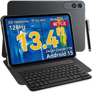 VekfulPC 13.4 inch Best Android 15 Tablets 2025 with Keyboard and Pen,13+ inch Large Screen 2-in-1 Tablet PC with Case, Stylus, Mouse | Gemini AI Gaming Tablet, 24GB+256GB, 120Hz, Octa-Core, 10000mAh