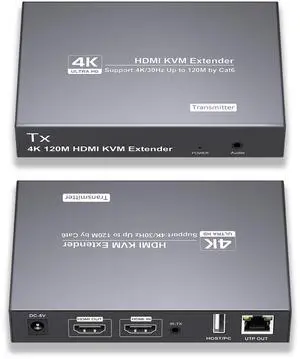 RYXN HDMI KVM USB Extender Over Cat6 Transmits 4K@30Hz Up to 394ft/120m, with 2 USB Ports Supports Mouse and Keyboard Remote Control, Both Ends Feature Audio Extractor Function