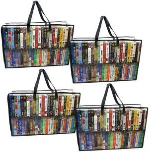 Evelots 4 Pack-VHS Movie Tape Storage Bag/Case, Clear PVC Plastic-Holds 200 Total, Strong Handles-No Dirt/Moisture/Dust