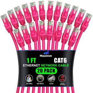 Maximm Cat 6 Ethernet Cable 1 ft (20-Pack) - High-Speed LAN Cable, Internet Cable, Patch Cable, and Network Cable - UTP, 10Gbps, 550MHz Ethernet Cord - Pink