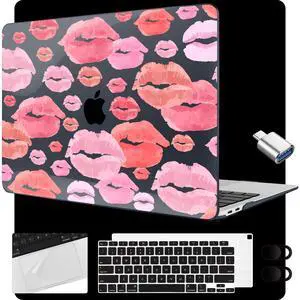 MEEgoodo for MacBook Air 13.3 inch Case 2021 2020 2019 2018 A2337 M1 A2179 A1932, Laptop Shell for MacBook Air M1 with Keyboard Webcam Cover & Trackpad Film & Type C Adapter,Red & Pink Lips