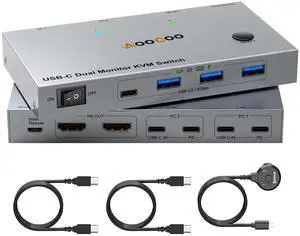 USB C KVM Switch 4K@60Hz, Dual Monitor Docking KVM Switch for 2 Laptops Sharing 2 Monitors and 4 USB3.0 Devices, with 100W PD,Wired Remote Control and USB C Cables
