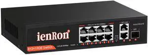 ienRon 8 Port Gigabit PoE Switch, 8 PoE+ Ports 120W, 2× Gigabit Uplinks, 1× SFP+ Slot Metal Housing, 6KV Surge, VLAN, Plug & Play, Fanless for IP Cameras, AP, Business Network Switch