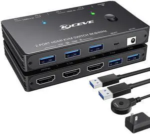 KCEVE HDMI2.1 KVM Switch 2 Computer 1 Monitor 8K@60Hz, KVM Switch HDMI 2 Port with 3 USB3.0, Wired Remote, Power Adapter and USB Cables