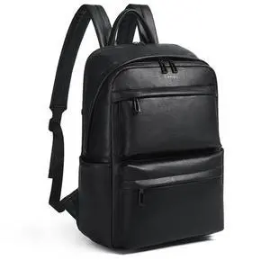 tiamyi Leather Laptop Backpack for Women, Fits 15.6 Inch Laptop, Leather Backpack with 2 Water Bottle Pockets, Hidden Zipper and Luggage Strap, Ideal for Work, Travel, College, Everyday Use, Black