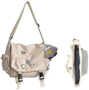 Aesthetic Crossbody Bag, 15.6 Inch laptop messenger bag for women, Cute Shoulder Bag with Cute Pins and Ornament White