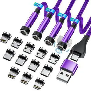 5-in-1 Magnetic Charging Cable, 540° Rotation Magnetic Phone Charger [4-Pack, 3ft/3ft/6ft/10ft] USB A/Type C Fast Charging Charger Cable for iproduct/Micro USB/USB C Devices-Purple