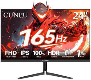 CUNPU 24 Inch Gaming Monitor, FHD 1080P 165Hz Monitor, IPS Display, Free-sync Compatible, 99% SRGB Color Gamut VESA 100 * 100mm Eye Care, Ultra-Slim Frame, Black,