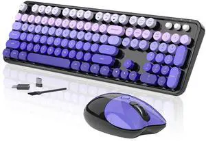 Wireless Keyboard and Mouse, 104 Round Keycaps Retro Typewriter with OTG & Brush, Full-Size Ergonomic, Ideal for Windows PC, Home, Office and College Purple Pink