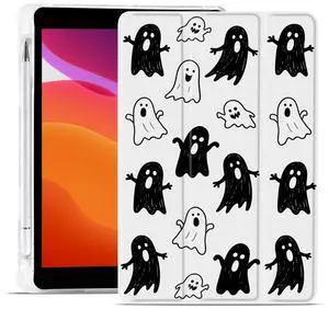 MAYCARI Halloween Case for iPad 10.2 inch 2021/2020/2019 with Pencil Holder, Original Black White Ghosts iPad 9th/8th/7th Generation Soft TPU Back Protective Cover Shell, Auto Sleep/Wake Slim Shell