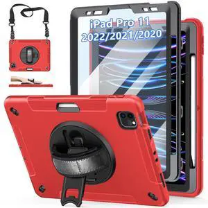 Case for iPad Pro 11 Inch 2022/2021/ 2020/2018: Cover for iPad 11 Inch 4th/ 3rd/ 2nd/ 1st Generation with Screen Protector- Stand- Handle- Shoulder Strap- Pencil Holder Red