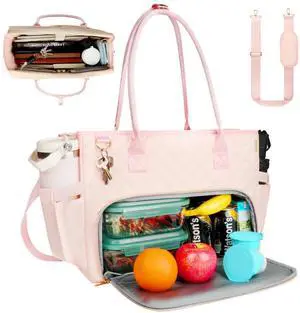 SIYNPAV Lunch Tote Bag with 15.6 Inch Laptop Compartment& Water Bottle Pocket, Quilted Nylon Work Tote Bag with Large Insulated Lunch Compartment for Women School Business Teacher Nurse (Pink)