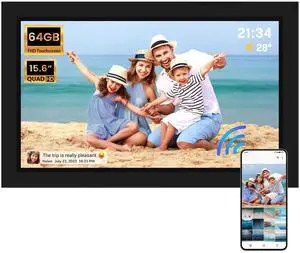15.6" Digital Picture Frame, 64GB 1920 x 1080 IPS Touch Screen Electronic Photo Frame, Pre-Load Photo Gift Mode Without Open Package, Auto-Rotate, Wall/Table Mountable, App Share Photos, Black