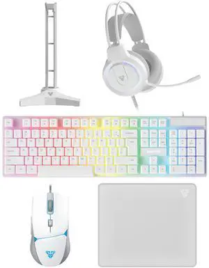 FANTECH 5 in-1 Gaming Keyboard and Mouse Combo, Rainbow LED Backlit Wired Keyboard, Headset and Headphone Stand Gaming Mouse Pad,Wired Mice, for,PC,Laptop,Xbox White