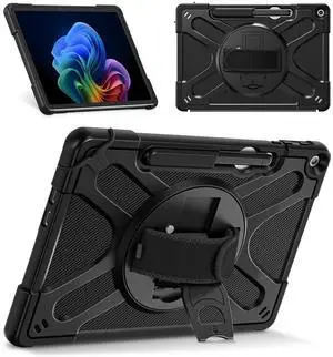 Fintie Rugged Case for Microsoft Surface Pro 12 Inch 1st Edition (2025), 360° Rotating Kickstand Shockproof Cover with Hand Strap and Pen Holder, Compatible with Type Cover Keyboard (Black)