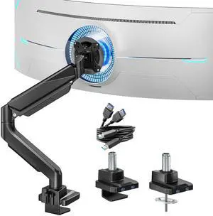 ARES WING Single Monitor Arm, Heavy Duty Adjustable Monitor Arm for 13"-49" Screens with USB, Gas Spring Desk Mount Stand with C Clamp/Grommet Mounting Base up to 40lbs Computer, Black