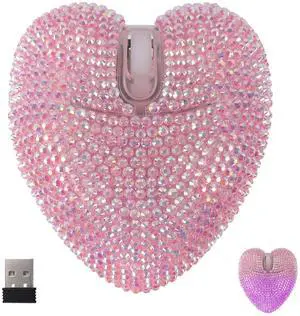 Wireless Mouse Bluetooth Cute Bling Crystal Rhinestone Pink Heart Shape Computer Mice with LED Light 2.4GHz & Bluetooth 1000DPI Rechargeable USB Cordless Mouse for Laptop PC Tablet Kids Adults Gift