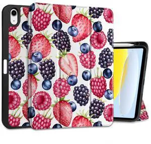 MEEgoodo Case for iPad A16 11th Generation 11 inch 2025/iPad 10th Generation 10.9 inch 2022, Tablet Cover with Trifold Stand + Pencil Holder + Auto Wake/Sleep + TPU Back Cover, Fresh Berries Pattern