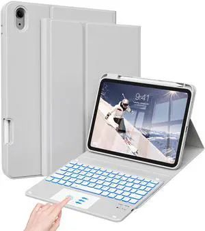 JKSML Case for iPad 10th/11th (A16) Gen with 7 Colors Backlight Touchpad Keyboard and Pencil Holder, Detachable Wireless Bluetooth Trackpad Keyboard, 3 Adjustable Angles, 10.9inch/11inch Case, Gray