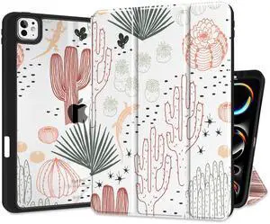 MEEgoodo Case for M5 iPad Pro 11 inch 2025/M4 iPad Pro 11 inch Case 2024, Tablet Cases with Transparent Acrylic Back Shell +Trifold Stand + Pencil Holder + Auto Wake/Sleep, Cacti