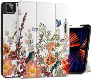 DONGKE Case for iPad Pro 11 inch (4th, 3rd, 2nd & 1st Gen) 2022 2021 2020 2018, Trifold Stand + Pencil Holder + Auto Wake/Sleep + Soft TPU Protective Stand Back Cover, Floral