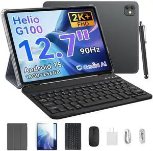 Blackview 13 inch Android 15 Tablet with Keyboard, 12.7" Large Screen Gaming Tablet with Pen, Helio G100, 256GB, 90 Hz, 2K+, 3 AI Cameras, Widevine L1, 5G WiFi, GPS- Link 8