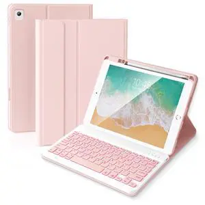 ABEIFAN iPad 6th/5th Generation Case with Keyboard 2018/2017,Smart Folio Cover, Wireless Detachable Backlit Keyboard with Pencil Holder for iPad Air 2/Air,iPad 9.7 inch,Pink