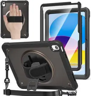 ZenRich Clear Case for iPad 11th (A16)/ iPad 10th Generation 10.9 inch 2025/2022, Shockproof Slim Hard Case with Screen Protector/Pencil Holder/360°Rotating Kickstand/Handle/Carrying Strap, Black