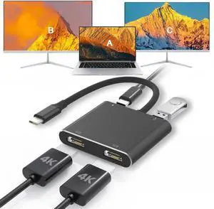 USB C to Dual HDTV Adapter,Blcak 4K@60Hz with 100W PD, USB-A, Support C to 2 HD Splitter Extended Display for Type C Devices (macOS Only Allows Mirror Mode)