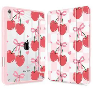 Mektron Printed Case for iPad mini 7 (A17 Pro) 2024/ Mini 6 2021, iPad mini 7th/6th Generation Case, Buit in Pencil Holder with Clear Back Shell + Trifold Stand, Cherries Bows C353