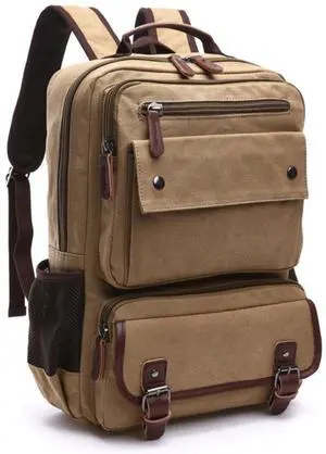 Canvas Backpack for Men Women, Vintage Rucksack Fit 15.6 Inch Laptop Travel Rucksack for Casual Hiking Travel Commute (Khaki)
