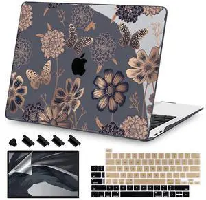 Teryeefi for M1 M2 MacBook Pro 13 inch Case 2022 2020-2016 Release (Model A2338 A2289 A2251 with Touch Bar), Plastic Hard Shell Case & Keyboard Cover & Screen Protector, Gold Flowers