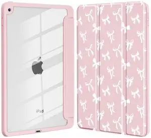 Idocolors Cute White Bow Case for iPad 7th/8th/9th Generation 10.2 inch, Clear Hard Back Cover with Pencil Holder, Tri-fold Stand Full Wrap Protective Case for Women Girls, White Bow/Pink Case
