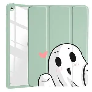 JOYLAND Cute Funny Ghost Pattern Case for iPad Air 13-inch (M3) 2025/ (M2) 2024, Clear Acrylic Hard Back Green Case with Pencil Holder Trifold Stand Tablet Cover for Girls Women
