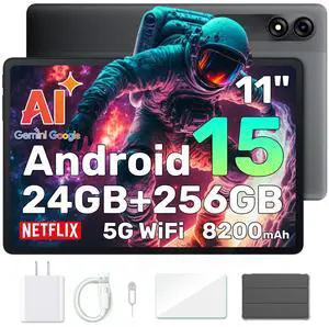 Blackview Android 15 Tablet with Gemini Ai, Android Tablet 11 inch with 24GB+256GB/2TB TF, 5G WiFi Tablets, Octa Core CPU, 8200mAh, 2K Incell Screen, 13MP+8MP Camaras/Face ID, Gray