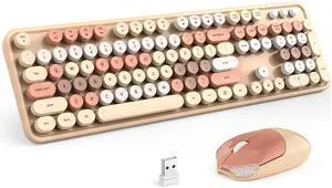 Atelus Wireless Keyboard and Mouse, 2.4Ghz USB Retro Full Size Typewriter Keyboard and Sport Car Mouse Combo for Mac, Windows 7/8/10, Laptop, Desktop, PC, Computer (Milk Tea Colorful)