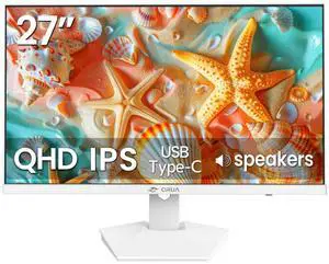 CRUA 27" White Monitor, 2K QHD(2560x1440P) IPS Panel, 120Hz Computer Monitor, Supports AMD Freesync, 120% sRGB, USB Type-C, Built-in Speakers, Wall Mountable(HDMI 2.0/DP 1.4), Best for Work and Gaming