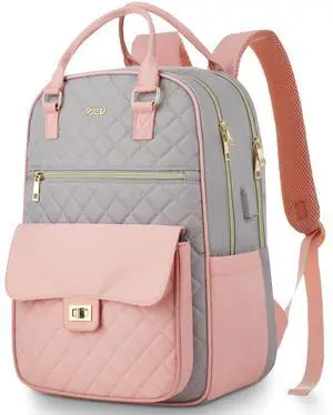 RJEU Student Backpack for Teen Girls,Big Bookbag School Bag for Women with 15.6-Inch-Laptop Compartment & USB Charging Port,Computer Bag for University Work Travel Nurse Teacher,Pink-Gray