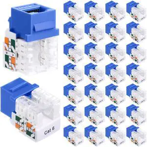 Hoteam 100 Pcs Cat6 Keystone Jacks, Rj45 Ethernet Modular Coupler Punch Down Insert, 90-Degree UTP Connector for Wall Plate, Panel and Surface Mount Box (Blue)