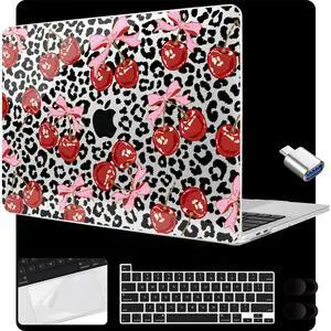 MEEgoodo for MacBook Pro 13 inch Case 2022 2021 2020 A2338 M2/M1 A2251 A2289 with Touch ID,Clear Laptop Hard Shell Cases with Keyboard Webcam Cover & Trackpad Film & Type C Adapter, Leopard & Cherry