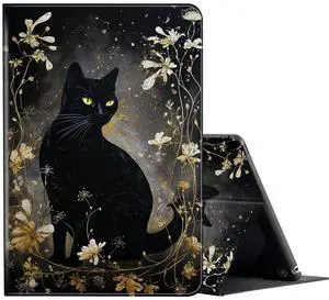 FUYOCWE for Fire HD 10 Tablet Case (13th Generation,2023 Release,10.1"), PU Leather Multi-Angle Folding Stand Smart Flip Cover for Amazon Kindle Fire HD 10 13th Gen-Black Cat with Gold Floral