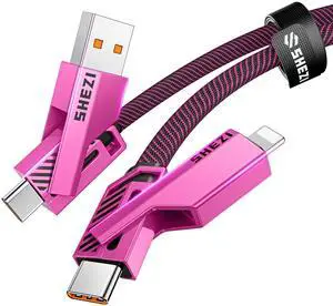 SHEZI [Upgraded 2.0] 4-in-1 USB C Cable 60W 5FT Fast Charging [480Mbps Data Transfer] Flat Nylon Braided Charger Cord Combo, USB A/C to C/L Multi Charge Cable for iPhone/iPad & Most Devices, Pink