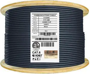 Elite Cat6 Shielded Riser (CMR), 1000ft, F/UTP 23AWG, Solid Bare Copper, 550MHz, UL Certified, UL-LP Certification, Bulk Ethernet Cable Reel, Black