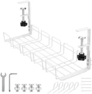 JETONN Under Desk Cable Management Tray, 15.7'' Metal Wire Organizer with Clamp, No Drill Desk Cord Rack for Cable Management, Computer Wire Organizer for Office and Home, Sturdy & Scratch-Free